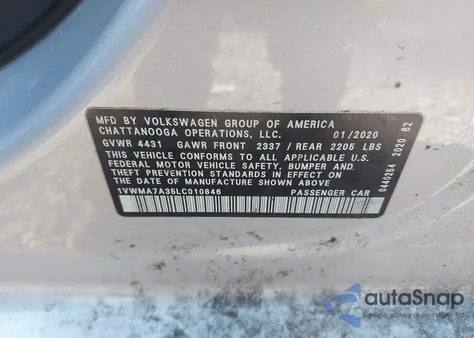 2020 Volkswagen Passat 2.0T R-Line from USA, damaged, VIN 1VWMA7A35LC010846